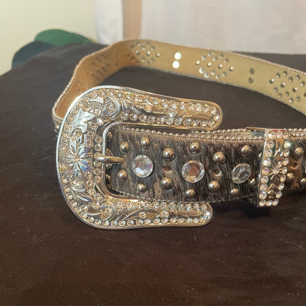 BHW Heavy Leather Cow Hair Western Rodeo Belt Cowgirl Rhinestones Stars L 38-39
